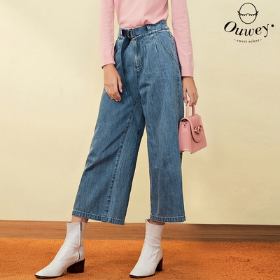OUWEY歐薇 率性光澤釦環腰帶純棉牛仔寬褲(藍色；S-L)3223438616
