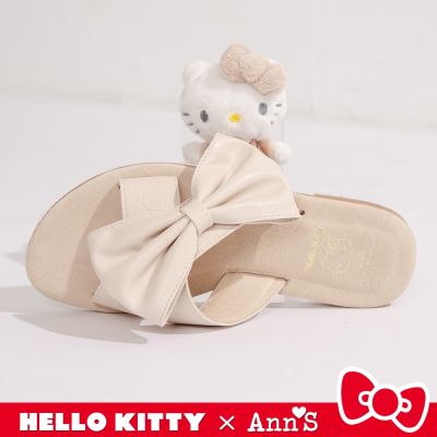 Ann’S X Sanrio三麗鷗 HELLO KITTY 聯名 水洗牛皮 交叉蝴蝶結圓頭涼拖鞋1cm-米白
