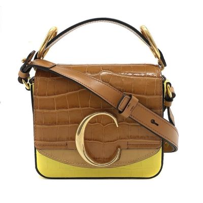 Chloe 蔻依 新款 Mini C bag 金logo鱷魚紋牛皮手提/斜背二用包(黃)