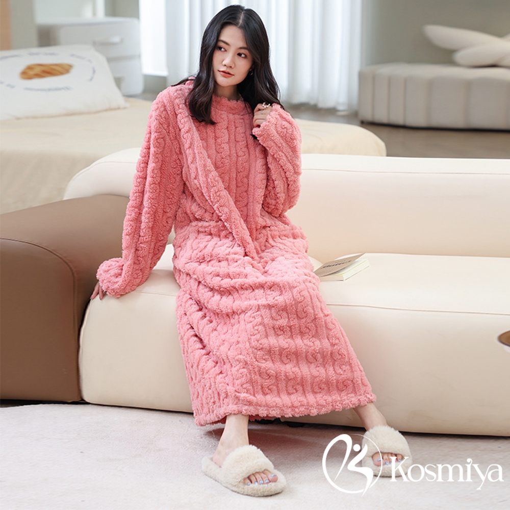 【Kosmiya】1套 珊瑚絨緹花保暖睡裙/女睡衣/長袖睡衣/連身洋裝/洋裝/保暖睡衣(2色可選/均碼) (藍色)