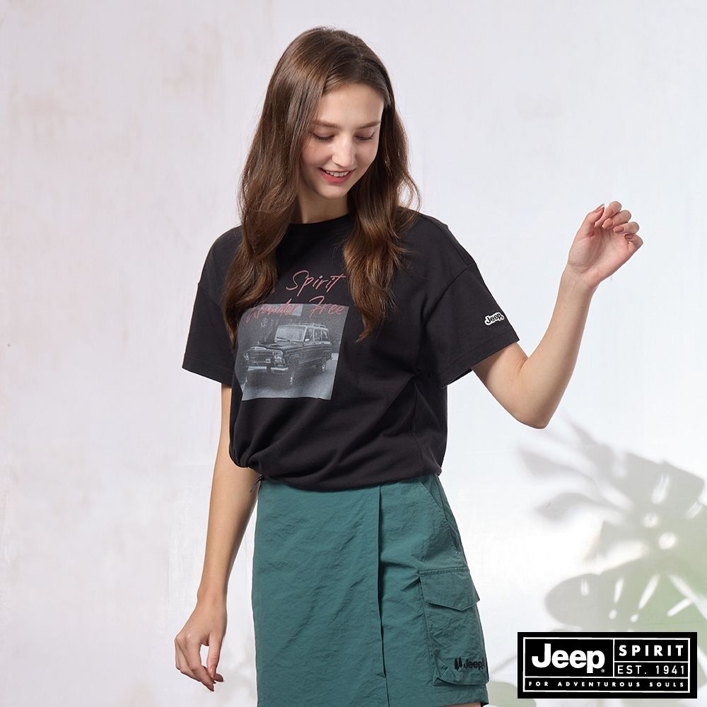 JEEP 女裝 復古吉普車印花短袖T恤-黑色