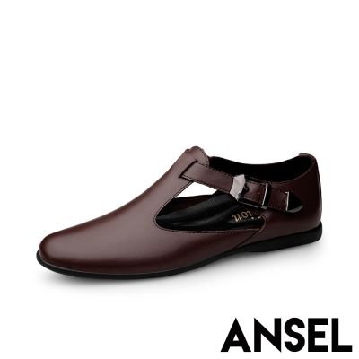 ANSEL 真皮紳士鞋 皮鞋/真皮頭層牛皮復古T字釦帶時尚縷空休閒皮鞋 棕
