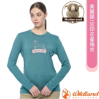荒野WildLand 女 100%美麗諾150印花長袖衣.抗菌抗臭.四面彈性 莫蘭迪藍