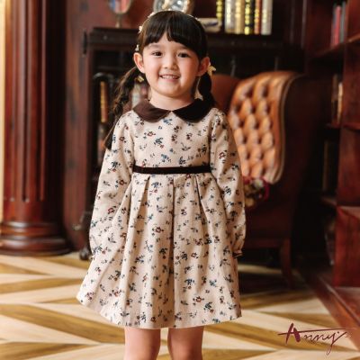 Annys安妮公主-童裝 復古印花小圓領拼接秋冬款長袖洋裝*2256卡其