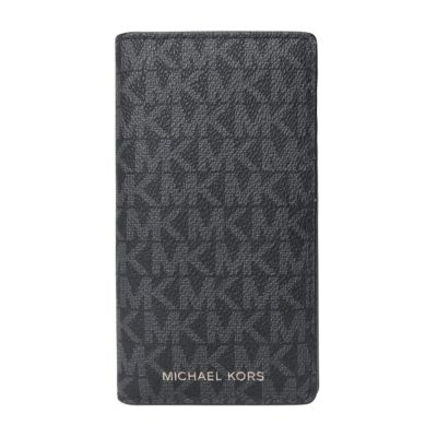 MICHAEL KORS 銀字滿版 Logo 直式暗釦對開長夾(黑灰)