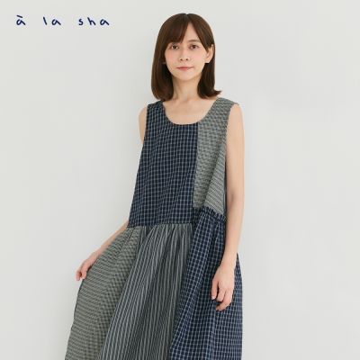a la sha 俏皮格子拼接背心洋裝
