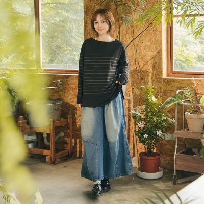 【MOSS CLUB】牛仔刷色立體摺氣球裙 藍 灰
