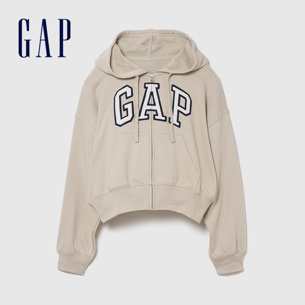 【GAP】寬鬆版Gap Logo法式毛圈布拉鍊連帽外套-米色(887993) (米色)