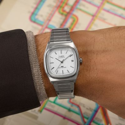 TIMEX 天美時 1983E系列 自動機械錶 34毫米 不鏽鋼伸縮錶帶腕錶(銀 TXTW2W70800)