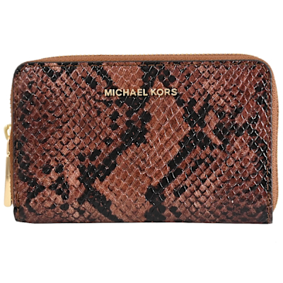 MICHAEL KORS Jet Set 浮雕LOGO蛇紋皮革ㄇ字拉鍊零錢夾(咖)