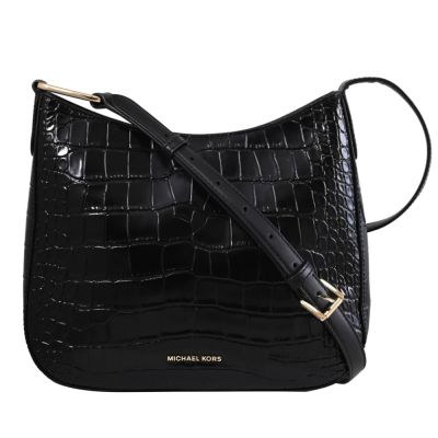 MICHAEL KORS KENSINGTON 浮雕LOGO鱷魚壓紋斜背包(黑)