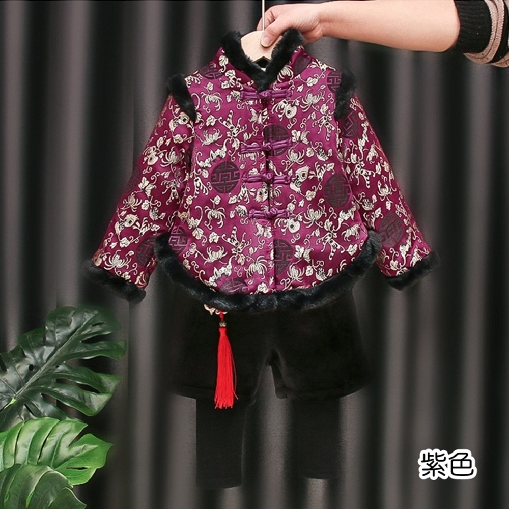 黑色毛邊刺繡花紋鋪棉套裝 棉襖 大紅 拜年服 童裝 過年 唐裝 男童 兒童 橘魔法 現貨【BB7233】 (紫色)