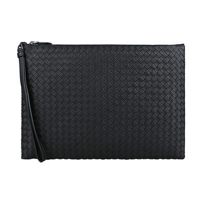 BV BOTTEGA VENETA 寶緹嘉 編織LOGO設計羊皮拉鍊手拿包(黑)