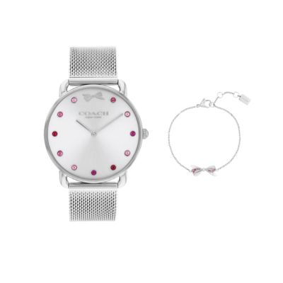 COACH 官方授權 白框米蘭帶腕錶 時尚蝴蝶結手鍊套組-女錶(CO14000123)32mm