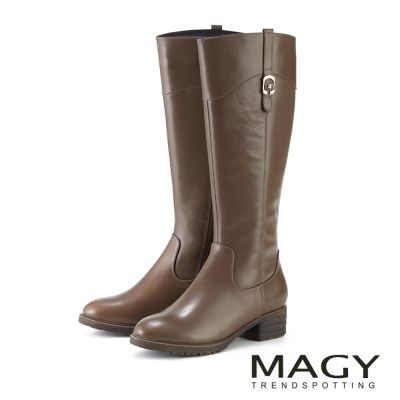 MAGY 牛皮金釦質感粗跟長靴 綠色