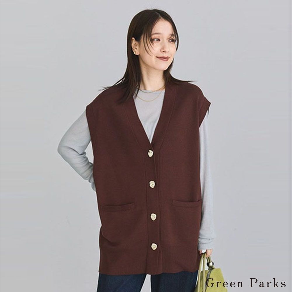 〔Green Parks〕金屬紐扣寬鬆長版針織背心