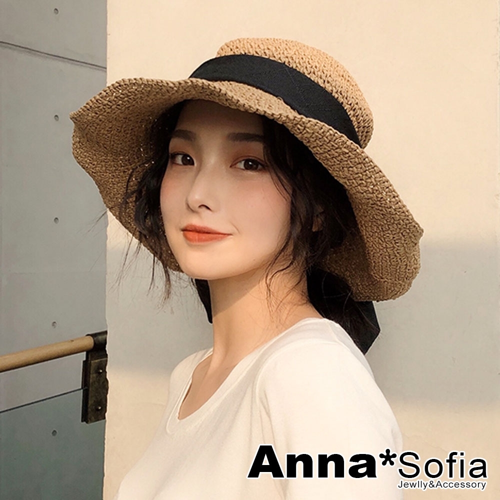 AnnaSofia 純手工後垂黑結平織 寬簷防曬遮陽草帽漁夫帽(駝系)