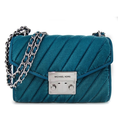 MICHAEL KORS Rose 銀鎖頭冰湖藍綠色絎縫斜紋絨面皮革銀鏈兩用包(展示品)
