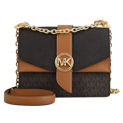 MICHAEL KORS Greenwich 金屬LOGO轉釦經典印花翻蓋斜背鍊包(深咖)