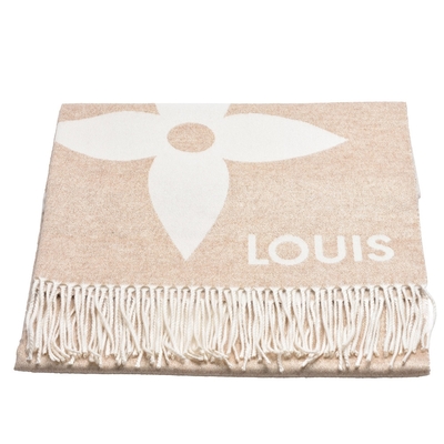 LV Louis Vuitton路易威登 M77855 經典THE ULTIMATE SHINE金銀線織花羊毛紡絲大披巾(米色)