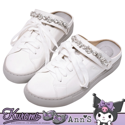Ann’S X Sanrio三麗鷗 酷洛米聯名 冰心鑽石拉帶可兩穿單色刺繡平底穆勒鞋3cm-白