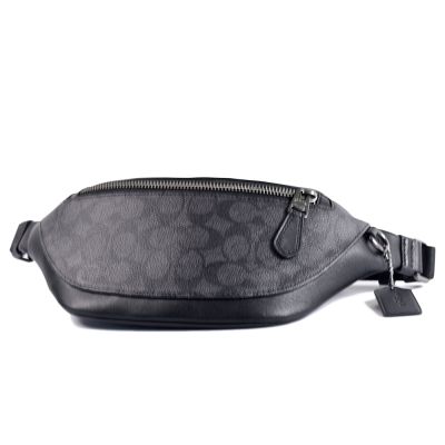 COACH 男款 緹花LOGO防刮皮革拉鍊腰包-灰黑色/小