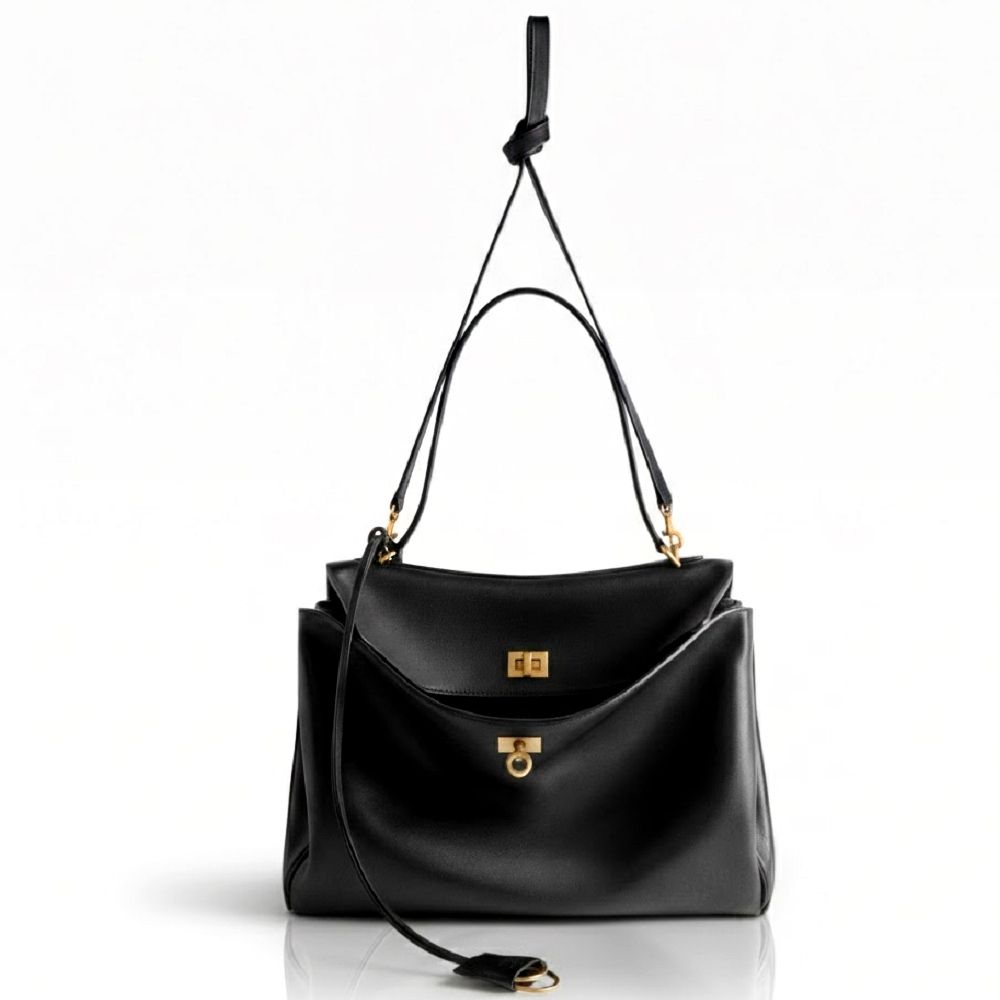 BALENCIAGA 巴黎世家 Rodeo 中型 小牛皮肩背托特包(黑色)