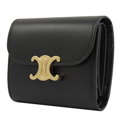 未使用CELINE 黑色 Triomphe 皮革三折钱包 Celine Wallet 黑色羊皮凱旋門金釦三折短夾-Charline Boutique