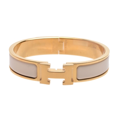 HERMES Clic H LOGO琺瑯細版手環(奶油白/金)