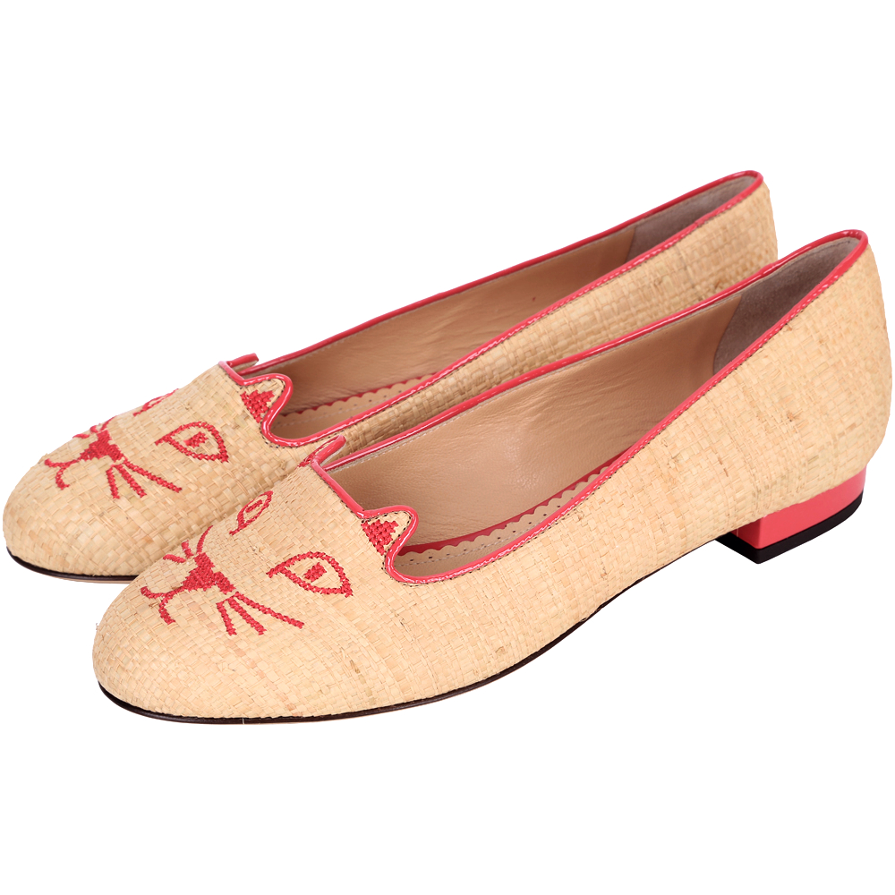 Charlotte Olympia Kitty 編織刺繡貓咪平底鞋(米黃色) | 精品服飾/鞋子