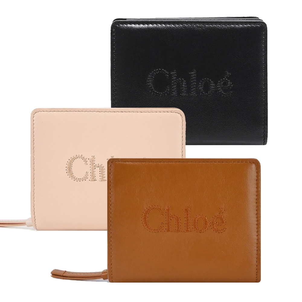 Chloe Sense 壓印 LOGO 小牛皮拉鍊短夾(任選)