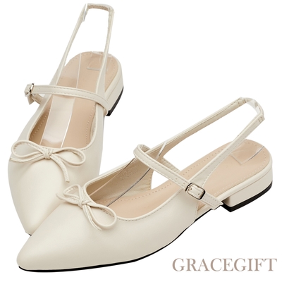【Grace Gift】法式尖頭蝴蝶結後簍空芭蕾舞平底鞋 米白