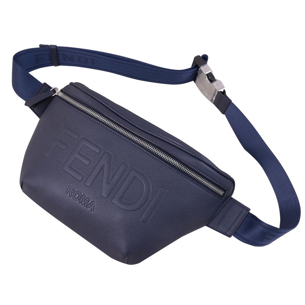 FENDI Roma 經典壓紋LOGO牛皮腰包/胸口包(深藍)