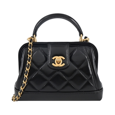 CHANEL香奈兒 CHANEL經典雙C LOGO菱格紋亮面小羊皮迷你手提/斜背包 (黑色)