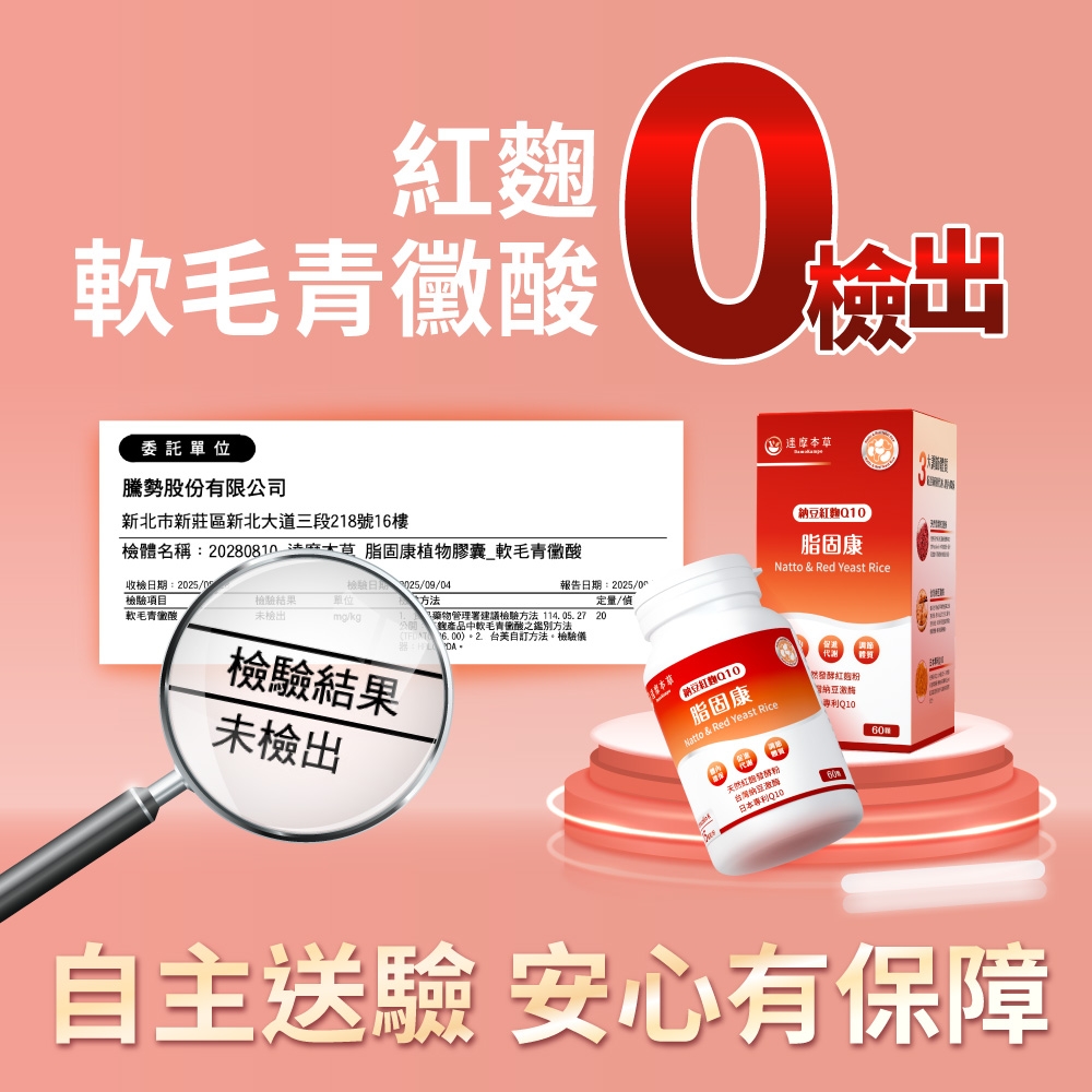 軟毛酸檢出委託單位騰勢股份有限公司新北市新莊區新北道三段218號16樓檢體名稱20280810 大脂固康植物膠囊_軟毛酸收檢:20251檢驗項目軟毛青黴酸檢驗結果未檢出檢驗日期:02509/04單位方法/kg報告日期:2025/定量/?藥物管理署建議檢驗方法 114.05.27 20產品中軟毛青黴酸之鑑別方法6.00。2 方法。檢驗儀檢驗結果未檢出本草紅麴脂固康Natto & Red Yeast Rice納豆紅麴Q10脂固康Natto & Red Yeast Rice然納豆Q10發酵粉日本專利Q10自主送驗 安心有保障