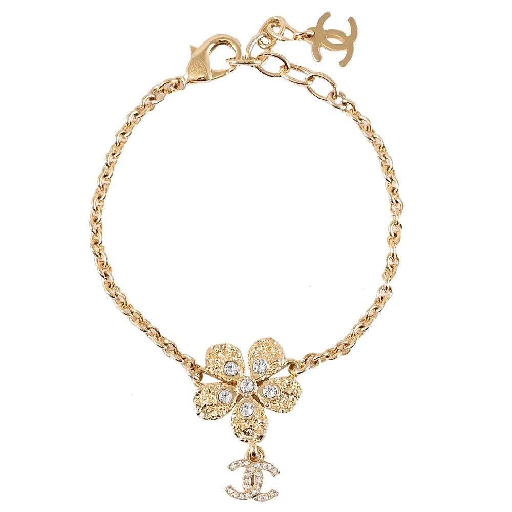 CHANEL 水鑽花朵造型雙C LOGO墜飾手鍊(金)