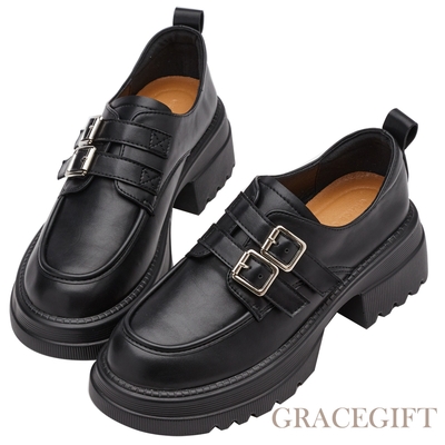 【Grace Gift】復古圓頭雙釦帶厚底樂福鞋 牛紋黑