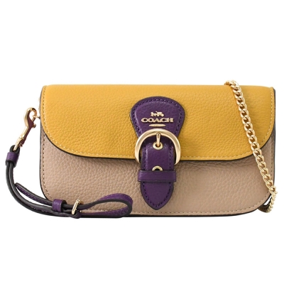 COACH KLEO 金屬馬車LOGO荔枝皮撞色翻蓋手提斜背兩用包(黃/紫)