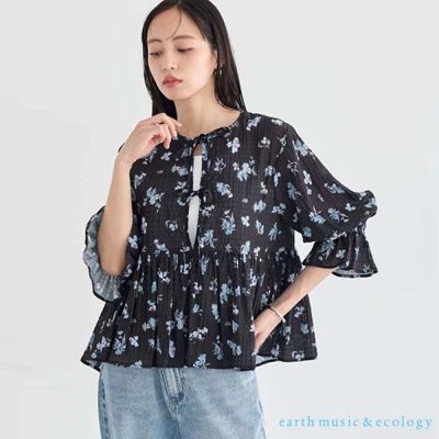 〈earth music〉素面/碎花圖案綁帶摺邊上衣