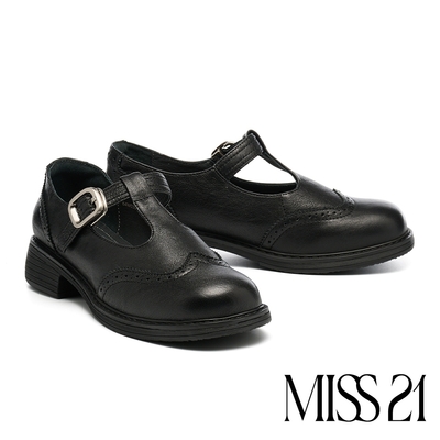 高跟鞋 MISS 21復古少女牛津T字帶全真皮大頭瑪莉珍高跟鞋－黑