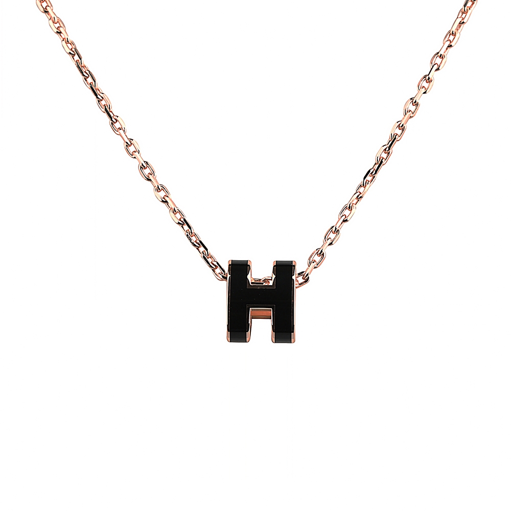 HERMES 愛馬仕 POP橢圓琺瑯H字母金屬LOGO簍空設計項鍊(迷你/黑x玫瑰金)