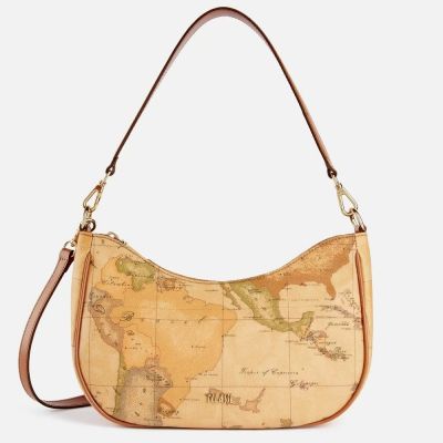 Alviero Martini 義大利地圖包 半月手提側背包27cm-地圖黃