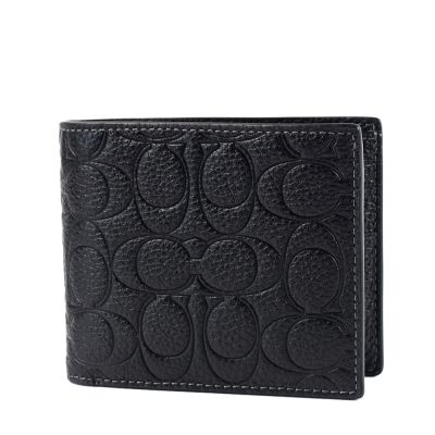 COACH 男款 鵝卵石紋壓印LOGO八卡短夾-黑色/附證件夾