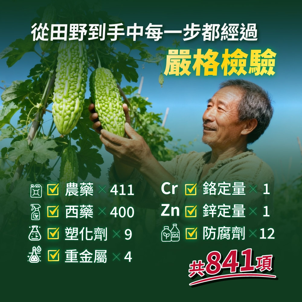 從田野到手中每一步都經過嚴格檢驗農藥 1西藥400Cr 定量 1塑化劑9☑ 重金屬 4Zn ☑ 鋅定量×1☑防腐劑 12