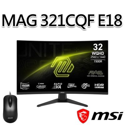 MSI微星MAG 321CQF E18為一款31.5吋電競螢幕，採用VA面板，支援WQHD解析度2560 x 1440，反應時間僅0.5ms，更新頻率達180Hz，提供極致流暢的遊戲體驗。具備抗藍光、護眼、零閃屏等健康顯示功能，廣視角178°，支援HDR與螢幕SYNC技術，適合電競玩家、學生與辦公使用。重量6.34kg，外觀尺寸711.6 x 269.5 x 503.1mm，並具備VESA壁掛功能，提供靈活的安裝選擇。