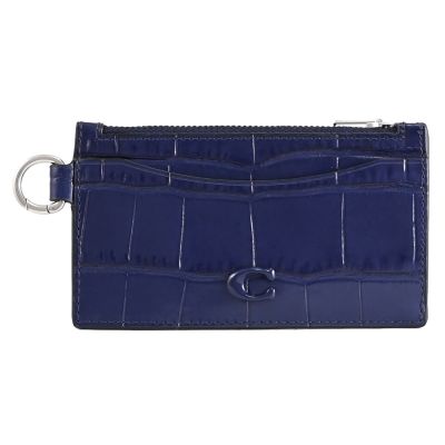 COACH 經典C字LOGO鱷魚壓紋皮革拉鍊零錢包(藍 附掛扣)