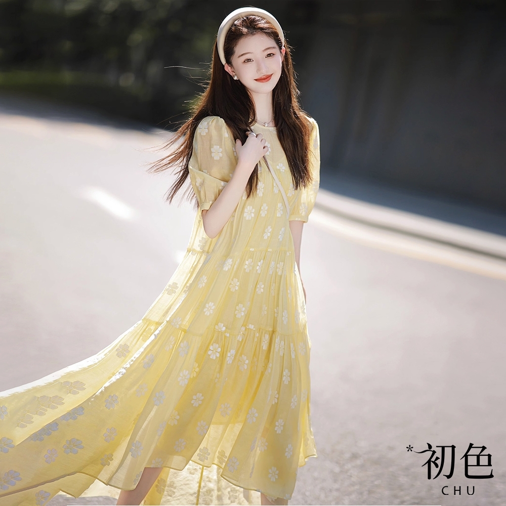 初色 碎花印花圓領收腰無袖蛋糕裙中長裙連身裙連衣裙洋裝-黃色-69659(M-XL可選)