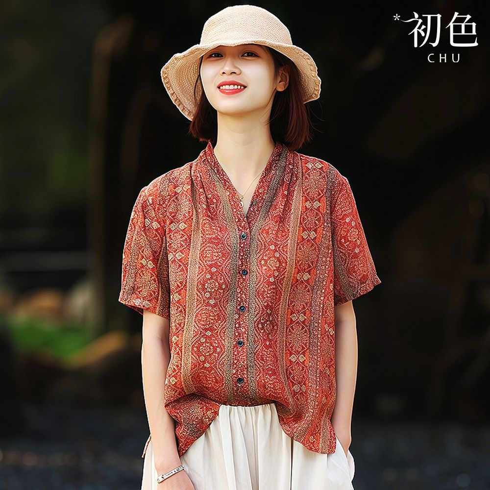 初色 復古寬鬆V領印花單排釦短袖襯衫上衣女上衣-花色-14984(M-2XL可選)