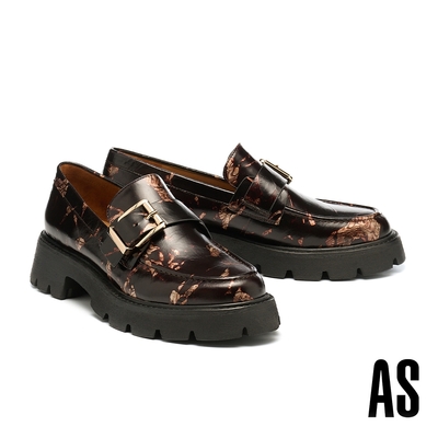 厚底鞋 AS 復古時尚方釦寬帶花紋牛皮樂福厚底鞋-咖