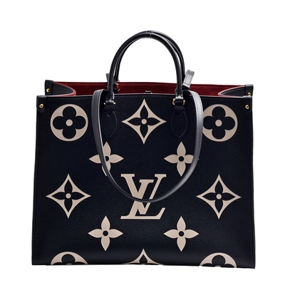LV Louis Vuitton路易威登 M45945經典ONTHEGO GM Empreinte雙色牛皮手提/肩背購物包(黑/米色)